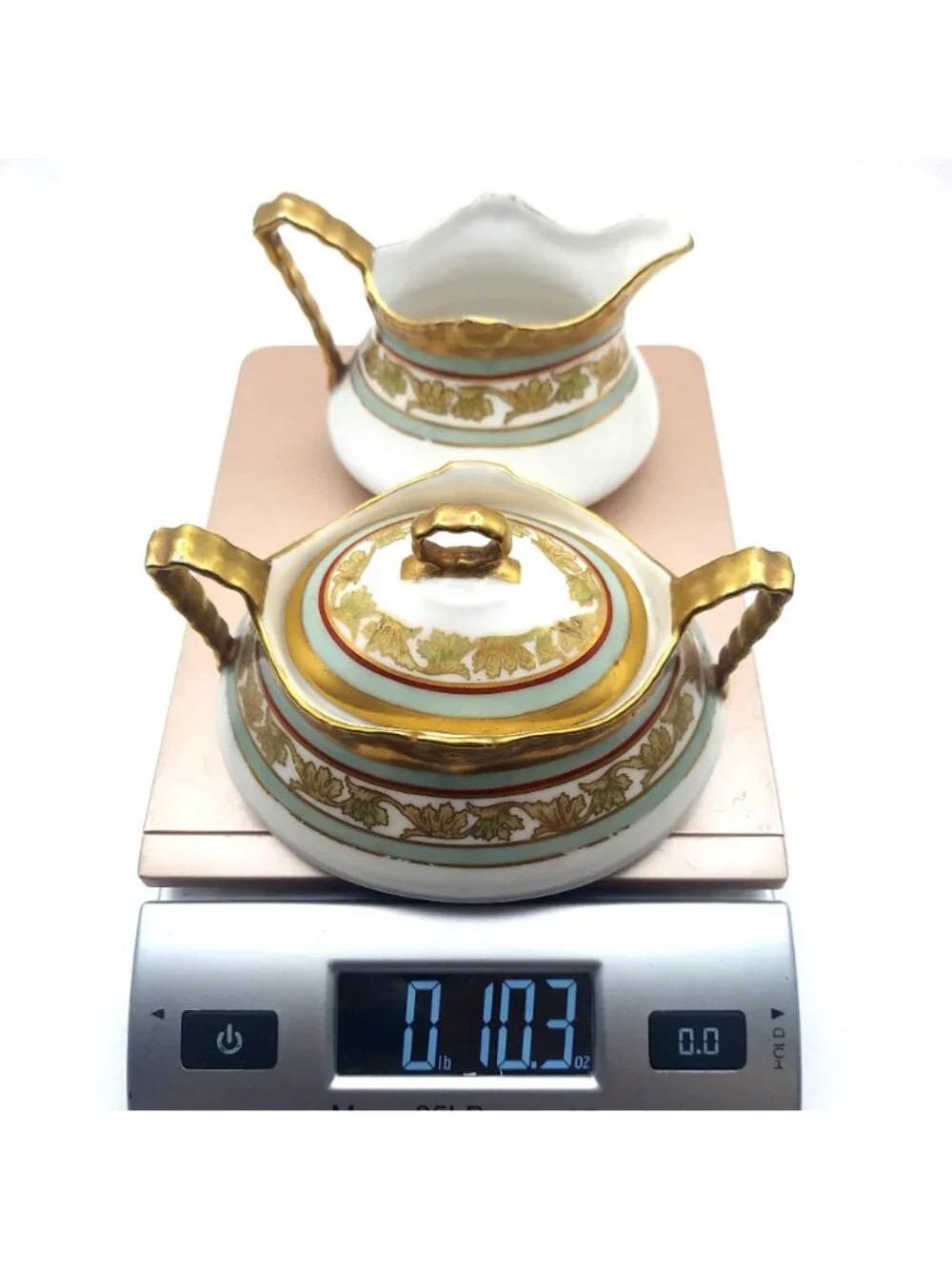 Limoges Coronet France Porcelain Sugar Bowl Creamer Leaf Motif Gold Trim Antique